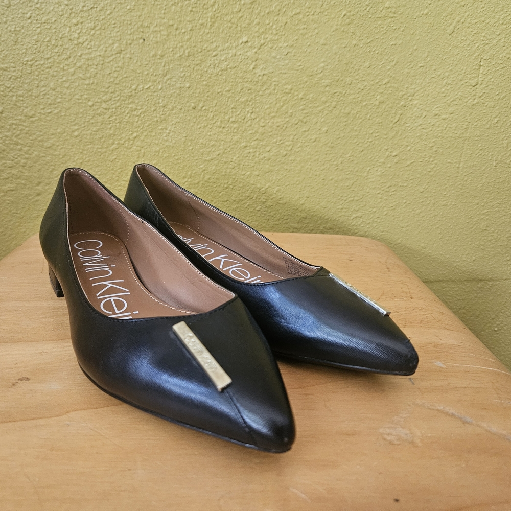 Calvin Klein Black Leather Heels with Gold Accent